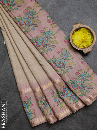Art tussar saree beige and pink with plain body and tanjore printed border