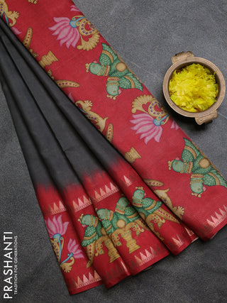 Art tussar saree dark grey and maroon with plain body and tanjore printed border