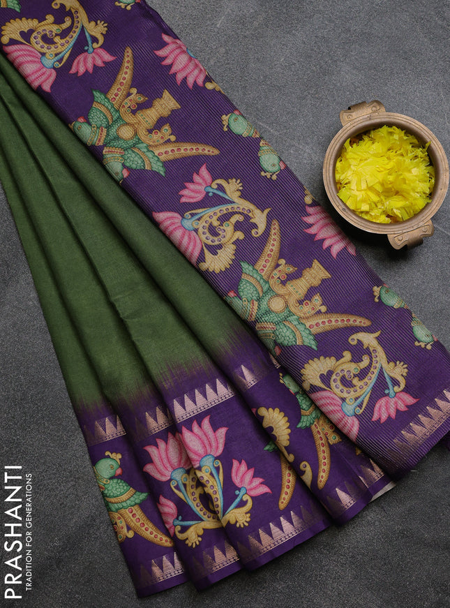 Art tussar saree green and violet with plain body and tanjore printed border
