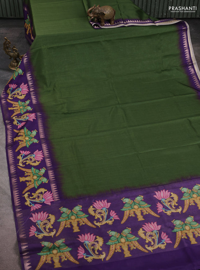 Art tussar saree green and violet with plain body and tanjore printed border