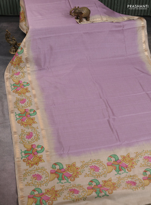 Art tussar saree pastel purple and beige with plain body and tanjore printed border