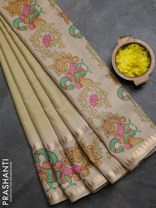 Art tussar saree pale yellow and beige with plain body and tanjore printed border