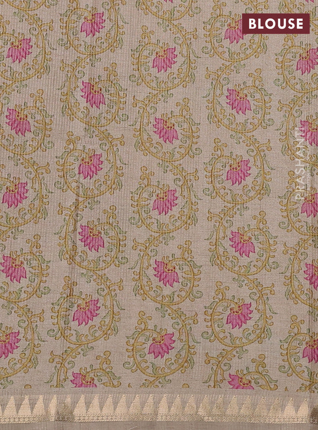 Art tussar saree pale yellow and beige with plain body and tanjore printed border