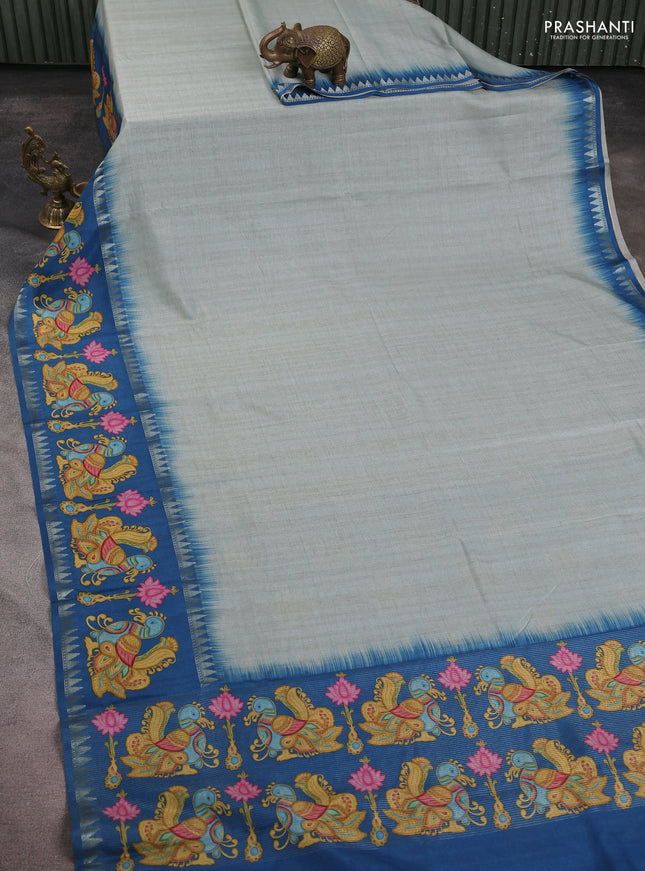 Art tussar saree pastel blue and peacock blue with plain body and tanjore printed border