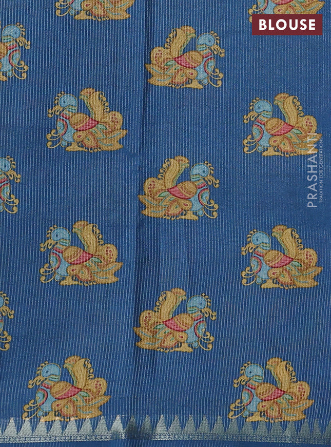 Art tussar saree pastel blue and peacock blue with plain body and tanjore printed border