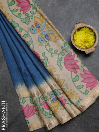 Art tussar saree peacock blue and beige with plain body and tanjore printed border