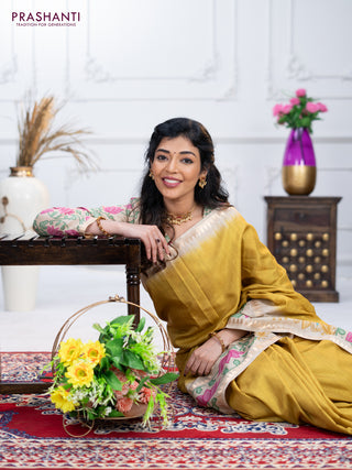 Art tussar saree lime green and beige with plain body and tanjore printed border