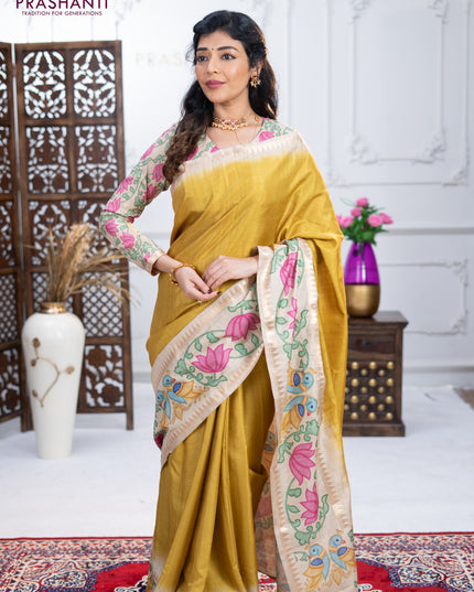 Art tussar saree lime green and beige with plain body and tanjore printed border