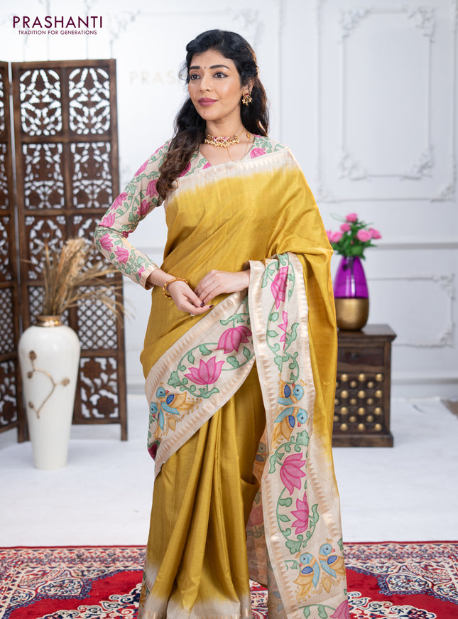 Art tussar saree lime green and beige with plain body and tanjore printed border