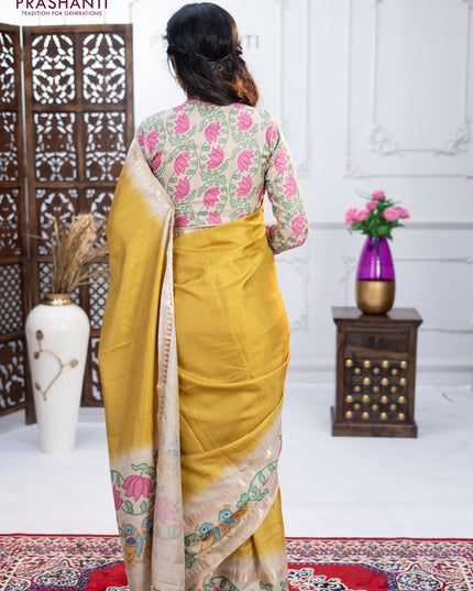 Art tussar saree lime green and beige with plain body and tanjore printed border