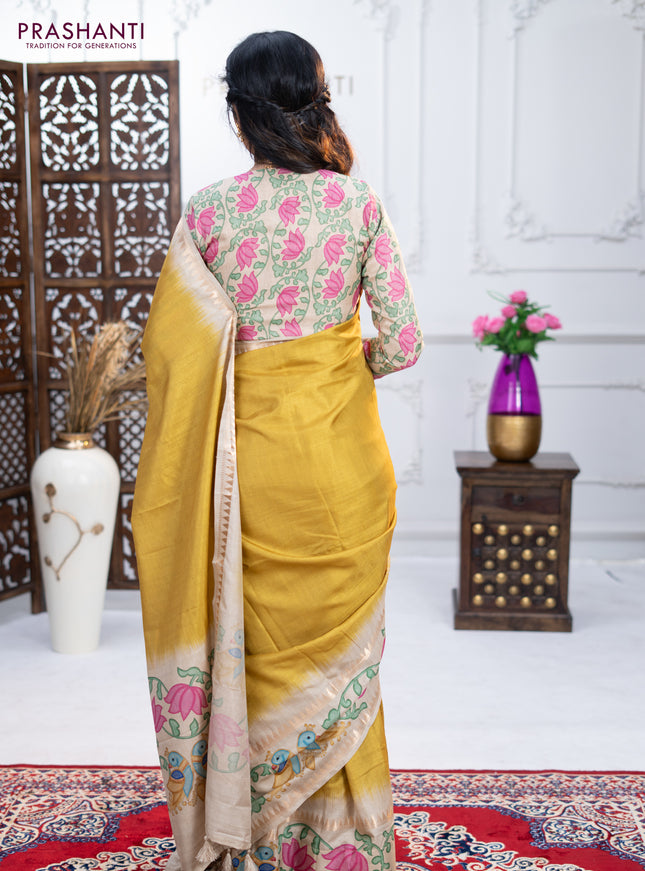 Art tussar saree lime green and beige with plain body and tanjore printed border