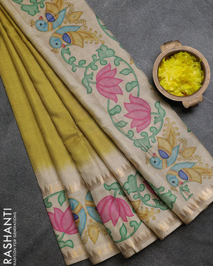 Art tussar saree lime green and beige with plain body and tanjore printed border