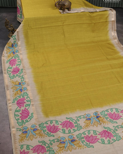 Art tussar saree lime green and beige with plain body and tanjore printed border