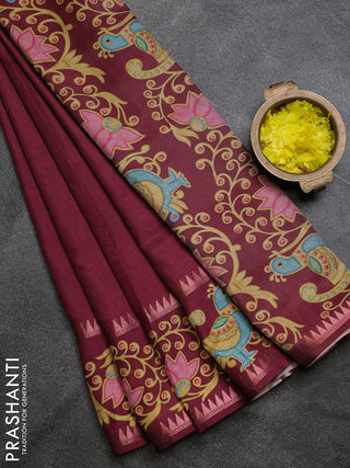 Art tussar saree wine shade with plain body and tanjore printed border