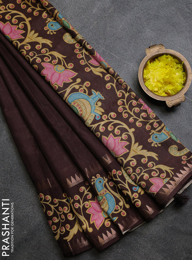 Art tussar saree coffee brown with plain body and tanjore printed border