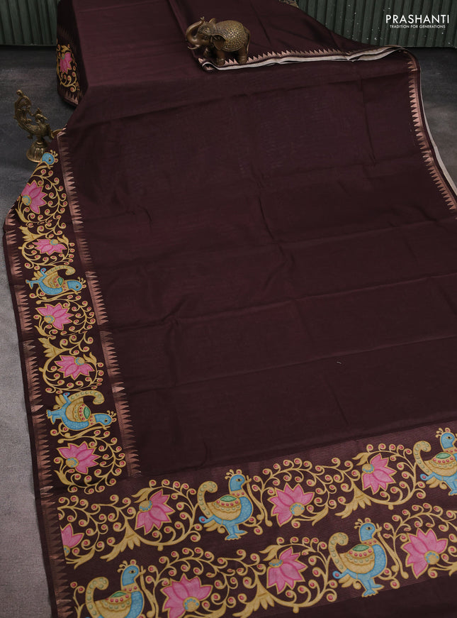 Art tussar saree coffee brown with plain body and tanjore printed border