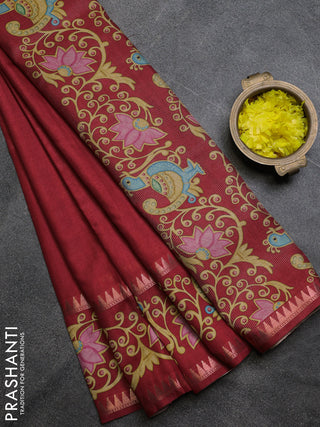 Art tussar saree maroon with plain body and tanjore printed border