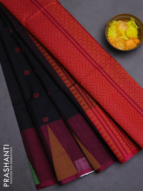 Kora silk cotton saree black and pink with thread woven geometric buttas and temple design thread woven border