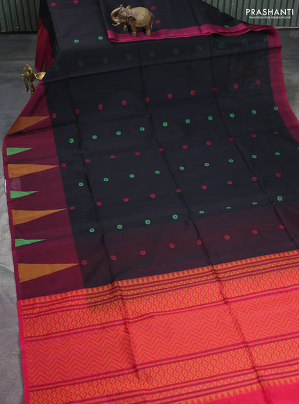 Kora silk cotton saree black and pink with thread woven geometric buttas and temple design thread woven border
