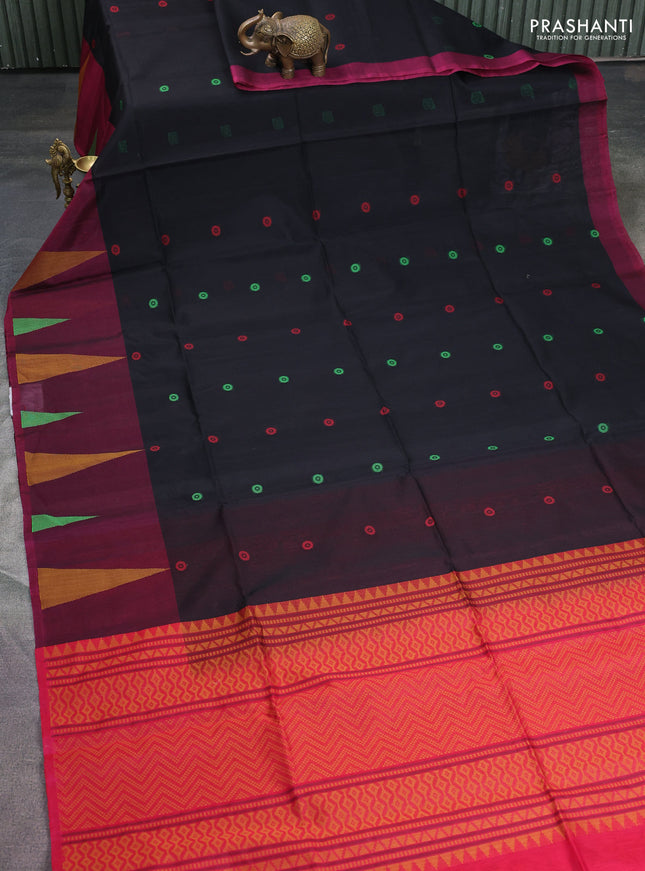 Kora silk cotton saree black and pink with thread woven geometric buttas and temple design thread woven border