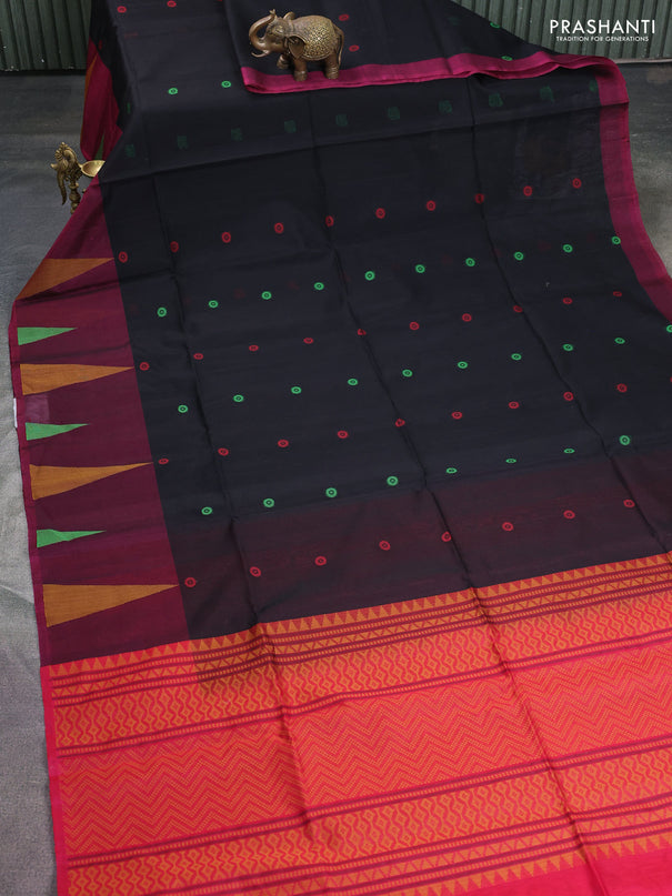 Kora silk cotton saree black and pink with thread woven geometric buttas and temple design thread woven border