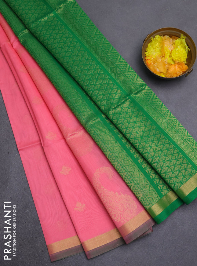 Kora silk cotton saree peach pink and green with silver & gold zari woven buttas and zari woven border