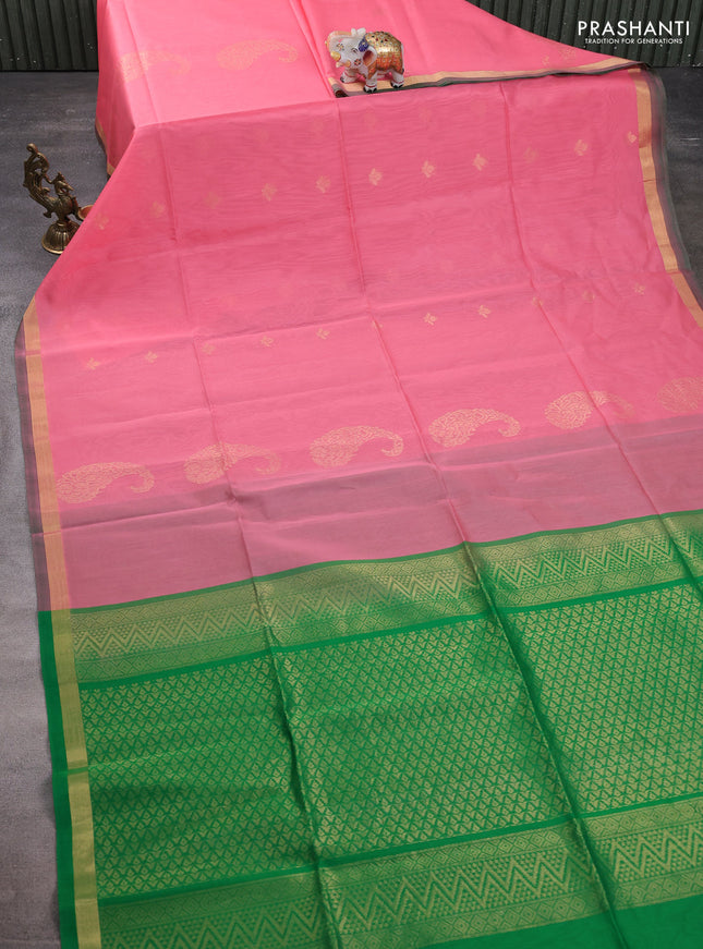 Kora silk cotton saree peach pink and green with silver & gold zari woven buttas and zari woven border