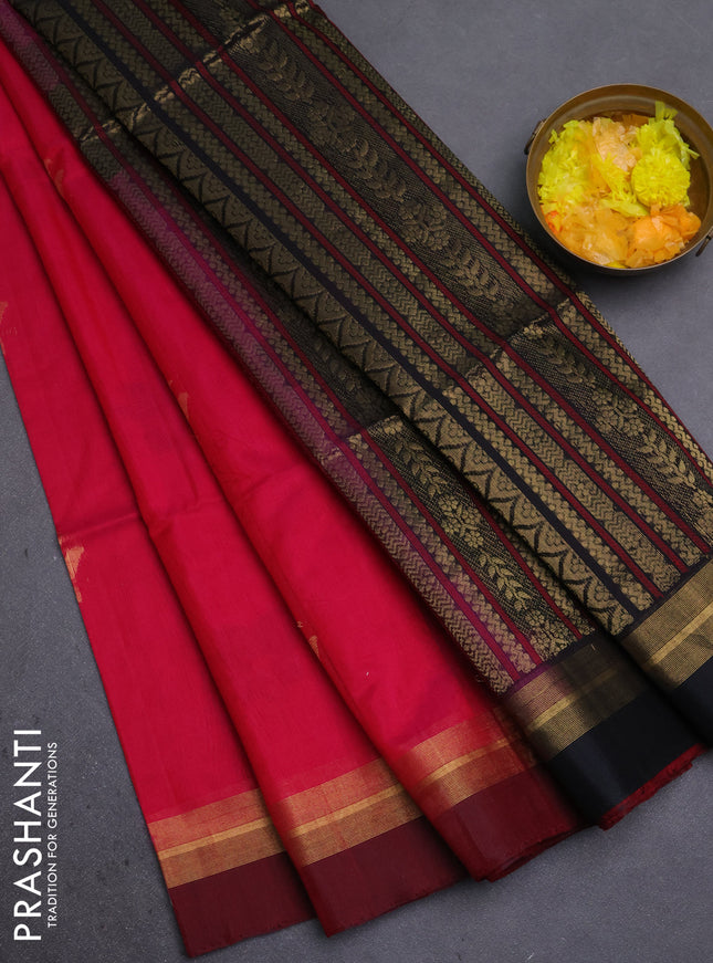 Kora silk cotton saree pink and black with thread & zari woven buttas and zari woven simple border