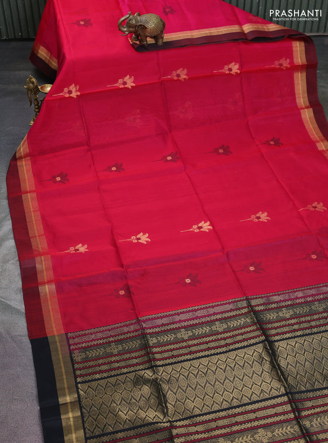 Kora silk cotton saree pink and black with thread & zari woven buttas and zari woven simple border