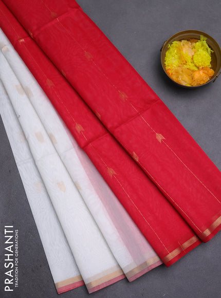 Kora silk cotton saree off white and red with zari woven buttas and zari woven piping border