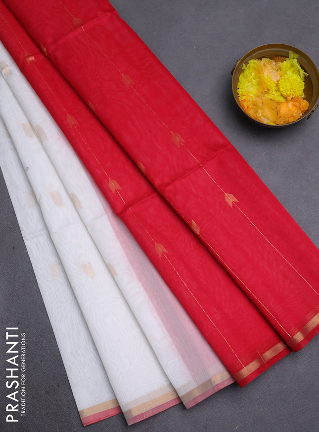 Kora silk cotton saree off white and red with zari woven buttas and zari woven piping border