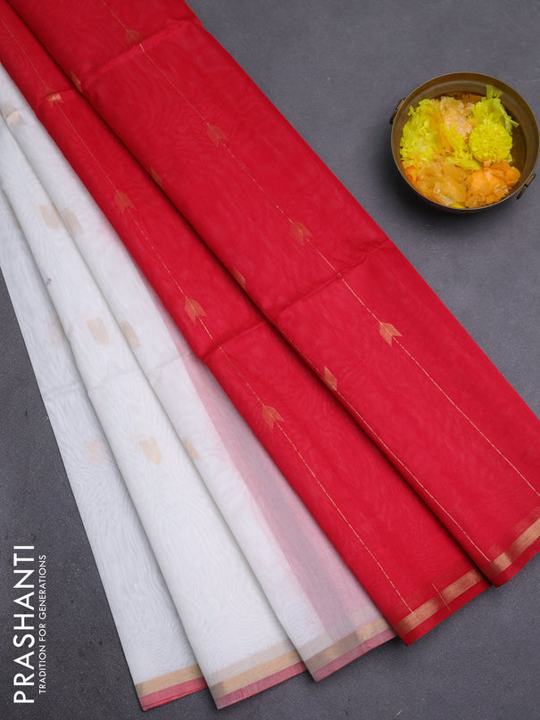 Kora silk cotton saree off white and red with zari woven buttas and zari woven piping border
