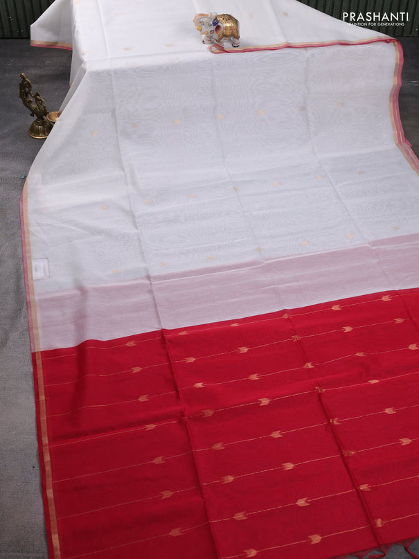 Kora silk cotton saree off white and red with zari woven buttas and zari woven piping border