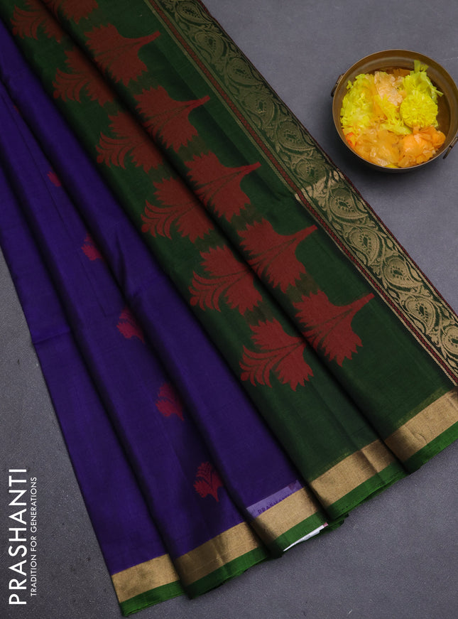 Kora silk cotton saree blue and sap green with thread & zari woven buttas and zari woven border