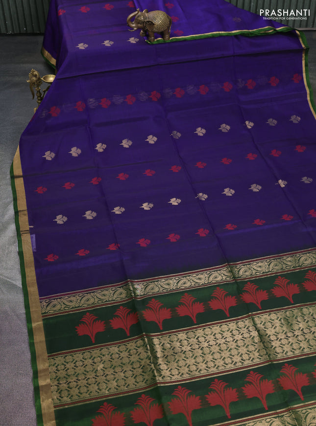 Kora silk cotton saree blue and sap green with thread & zari woven buttas and zari woven border