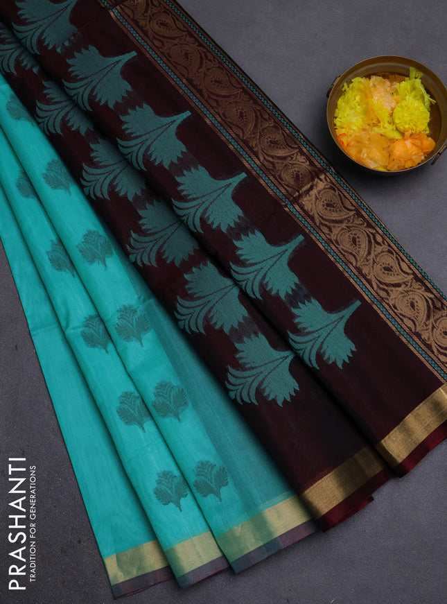 Kora silk cotton saree teal blue and deep maroon with thread & zari woven buttas and zari woven border
