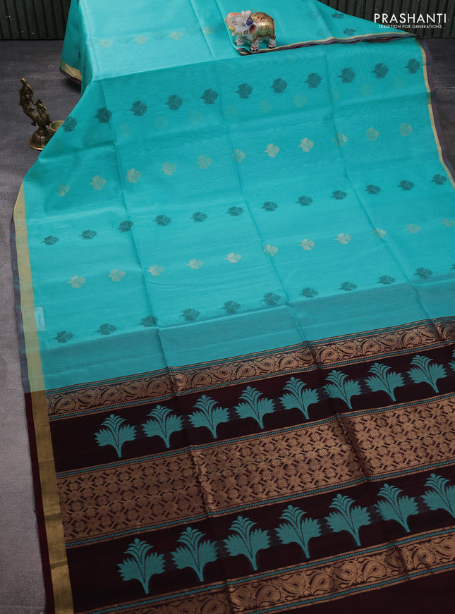 Kora silk cotton saree teal blue and deep maroon with thread & zari woven buttas and zari woven border