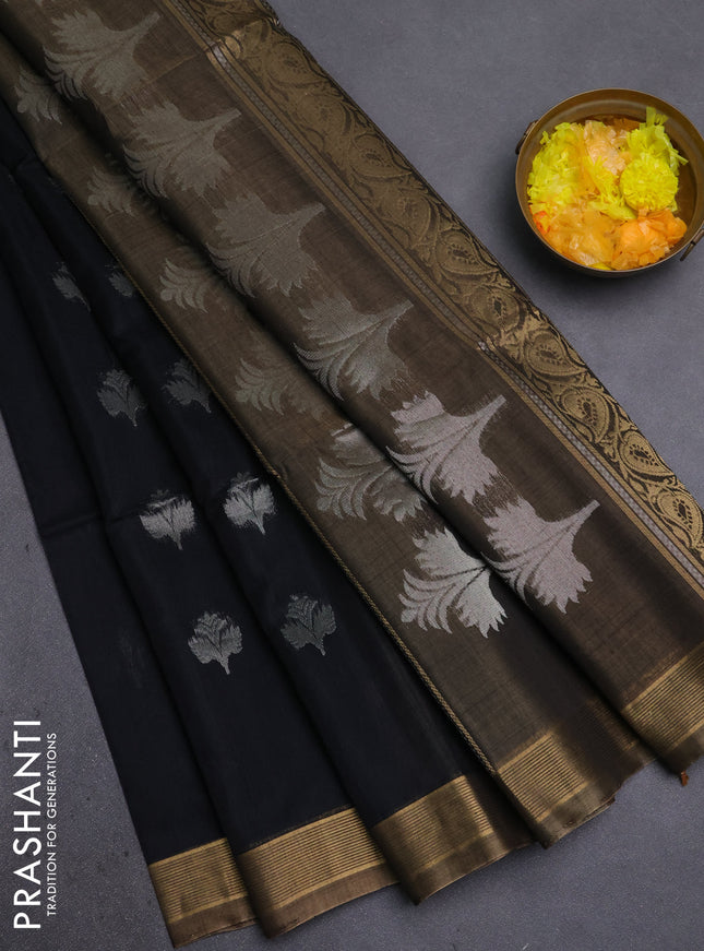 Kora silk cotton saree black and chikku shade with silver & gold zari woven buttas and zari woven border