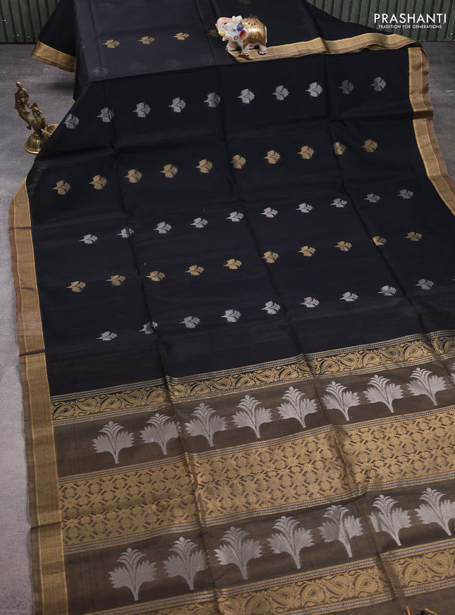 Kora silk cotton saree black and chikku shade with silver & gold zari woven buttas and zari woven border