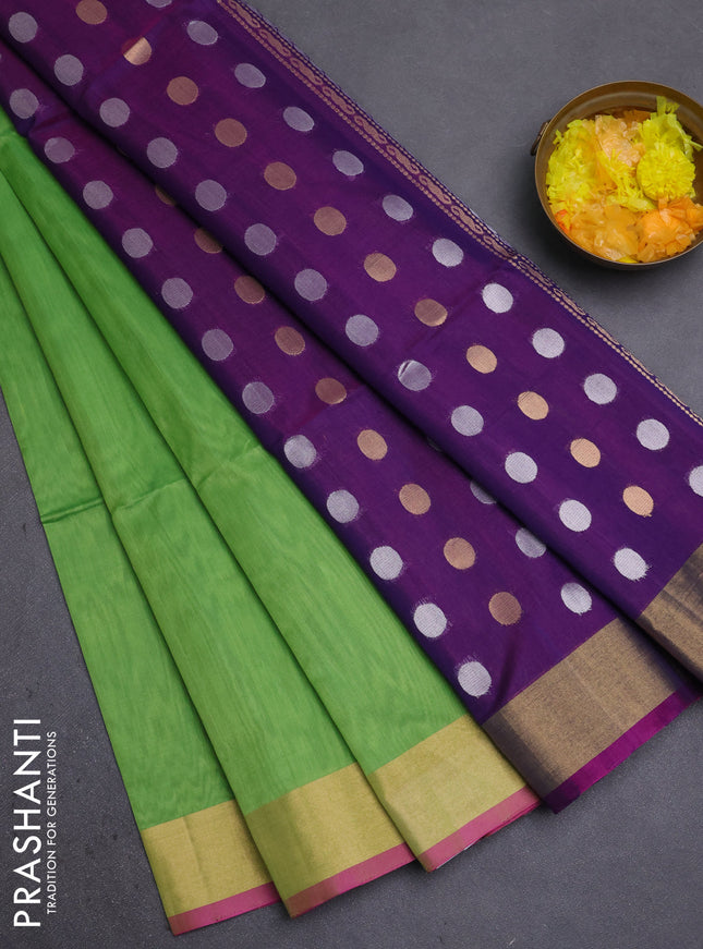 Kora silk cotton saree pista green and pink with silver & gold zari woven buttas and zari woven border