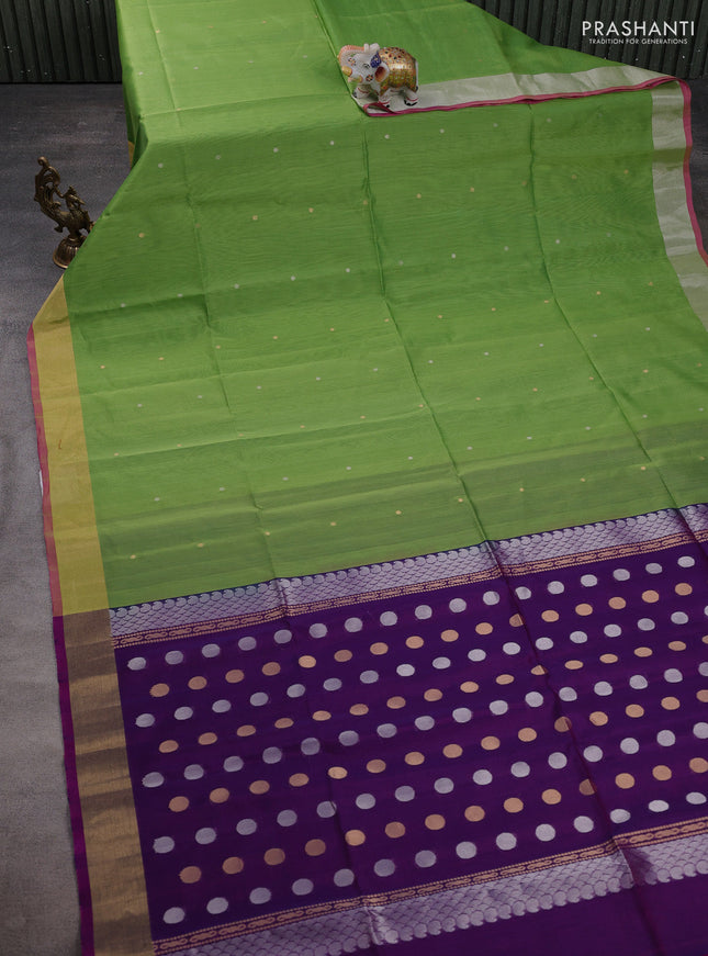 Kora silk cotton saree pista green and pink with silver & gold zari woven buttas and zari woven border