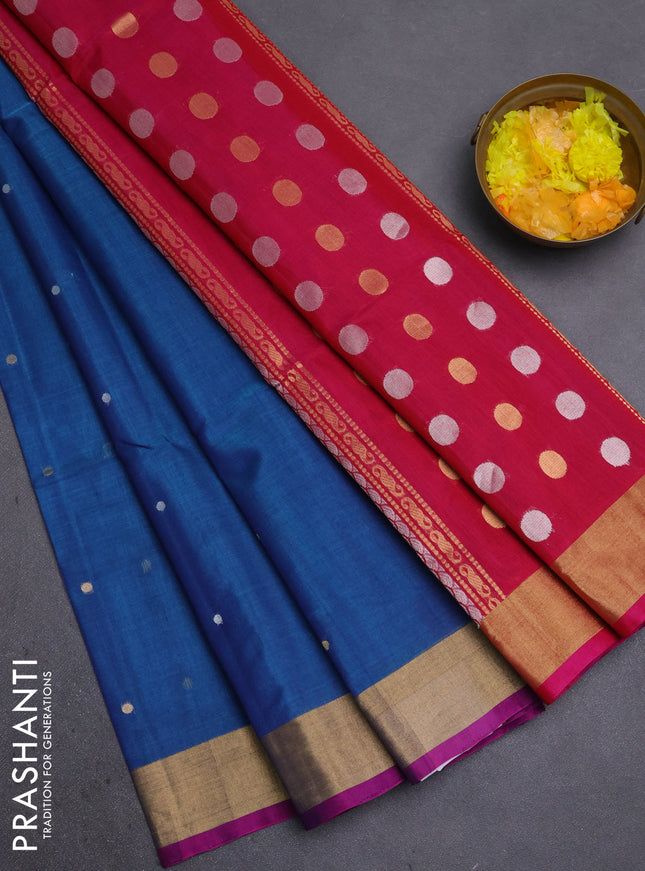 Kora silk cotton saree blue and pink with silver & gold zari woven buttas and zari woven border