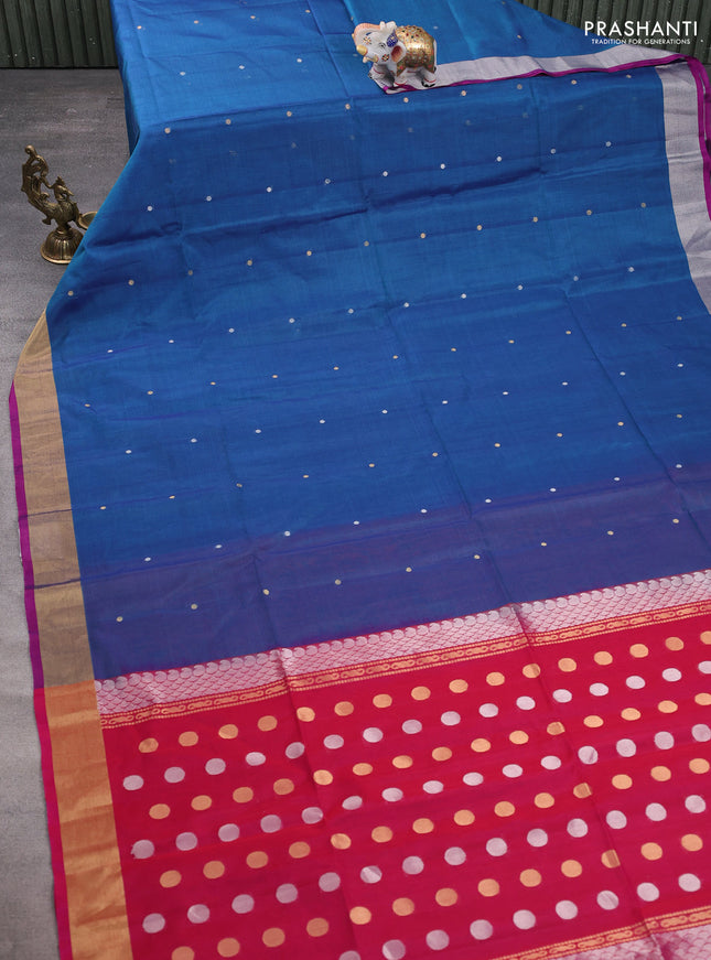 Kora silk cotton saree blue and pink with silver & gold zari woven buttas and zari woven border