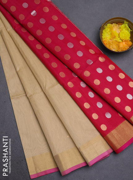 Kora silk cotton saree sandal and pink with silver & gold zari woven buttas and zari woven border