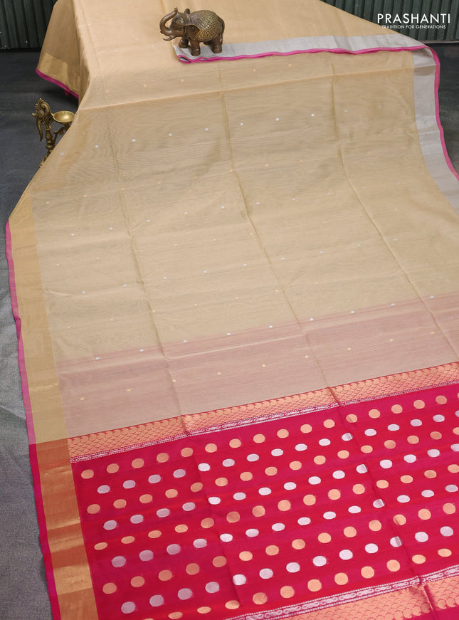 Kora silk cotton saree sandal and pink with silver & gold zari woven buttas and zari woven border