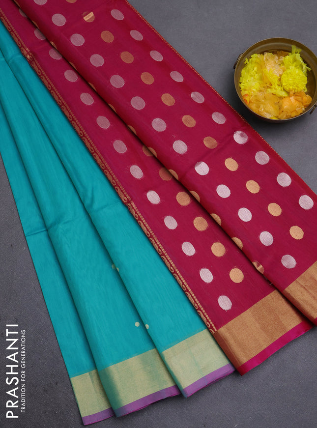 Kora silk cotton saree teal blue and pink with silver & gold zari woven buttas and zari woven border