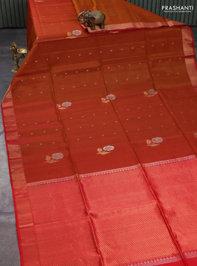 Kora silk cotton saree dual shade of dark mustard and red with silver zari woven buttas and zari woven border
