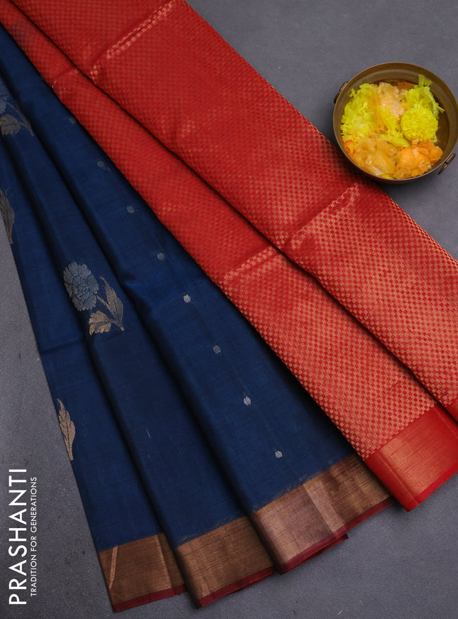 Kora silk cotton saree dark blue and red with silver zari woven buttas and zari woven border