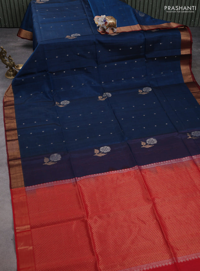Kora silk cotton saree dark blue and red with silver zari woven buttas and zari woven border