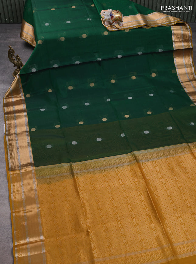 Kora silk cotton saree green and mustard yellow with silver & gold zari woven buttas and zari woven border